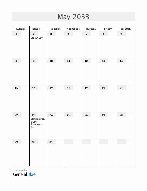 Belize May 2033 Calendar with Holidays