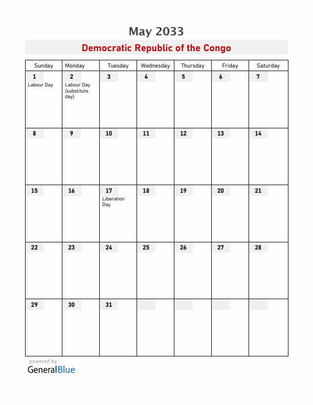 Democratic Republic of the Congo May 2033 Calendar with Holidays