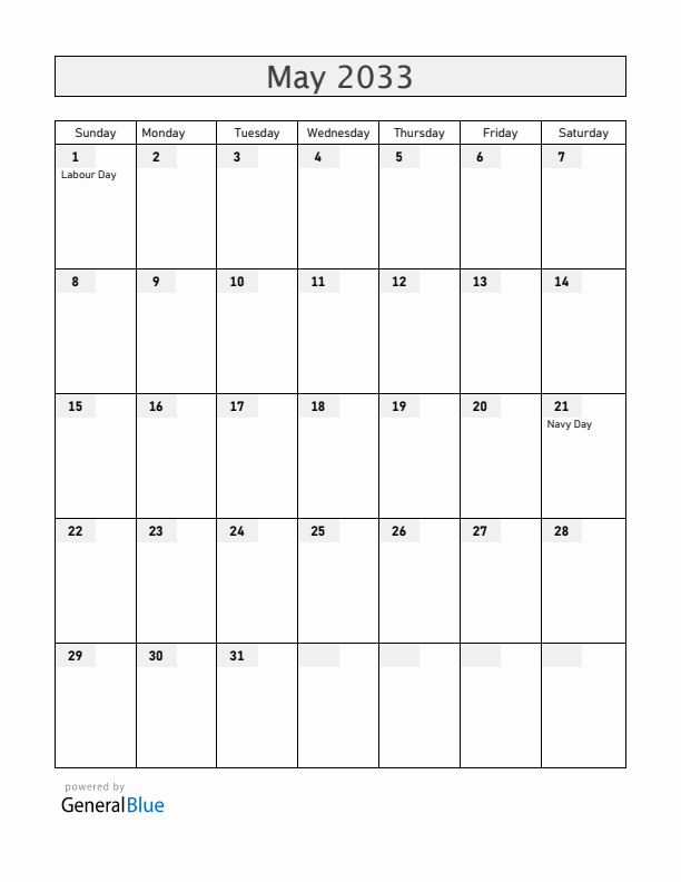 Chile May 2033 Calendar with Holidays