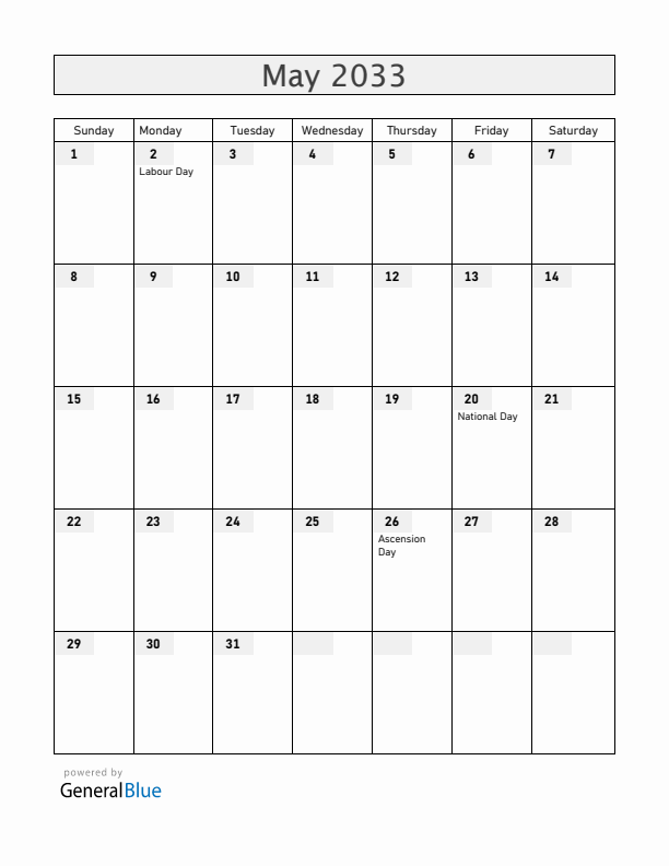 Cameroon May 2033 Calendar with Holidays