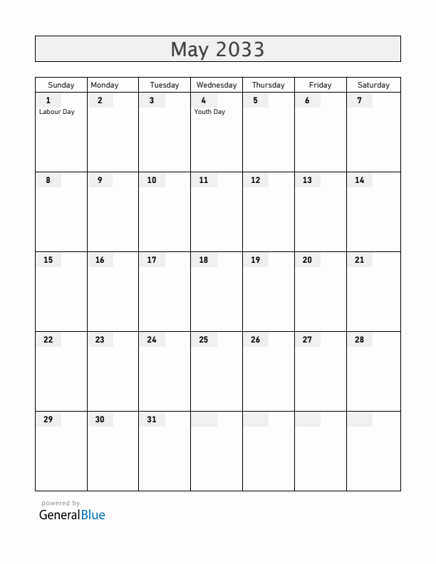 China May 2033 Calendar with Holidays