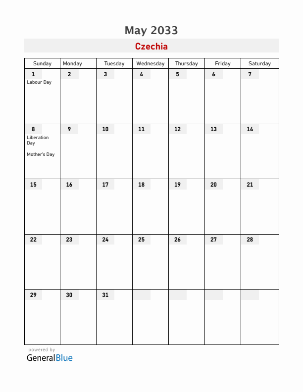 Czechia May 2033 Calendar with Holidays