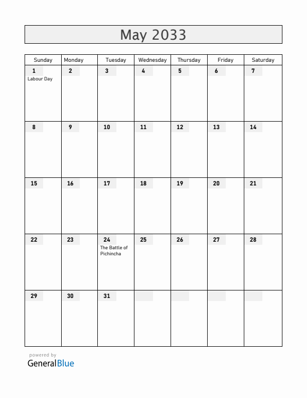 Ecuador May 2033 Calendar with Holidays