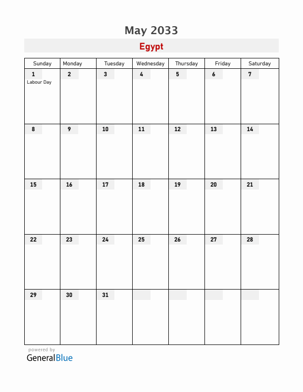 Egypt May 2033 Calendar with Holidays