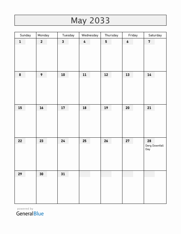 Ethiopia May 2033 Calendar with Holidays