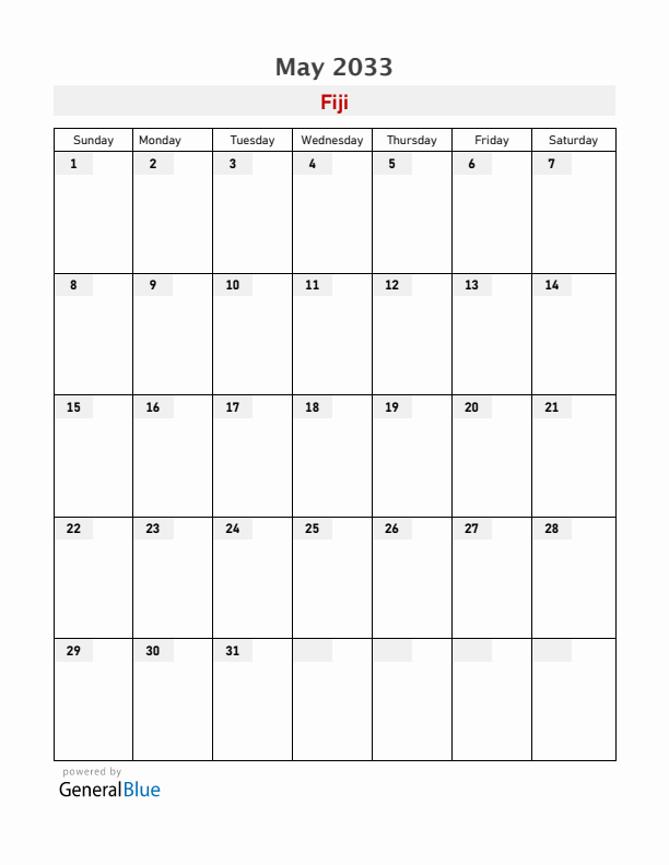 Fiji May 2033 Calendar with Holidays