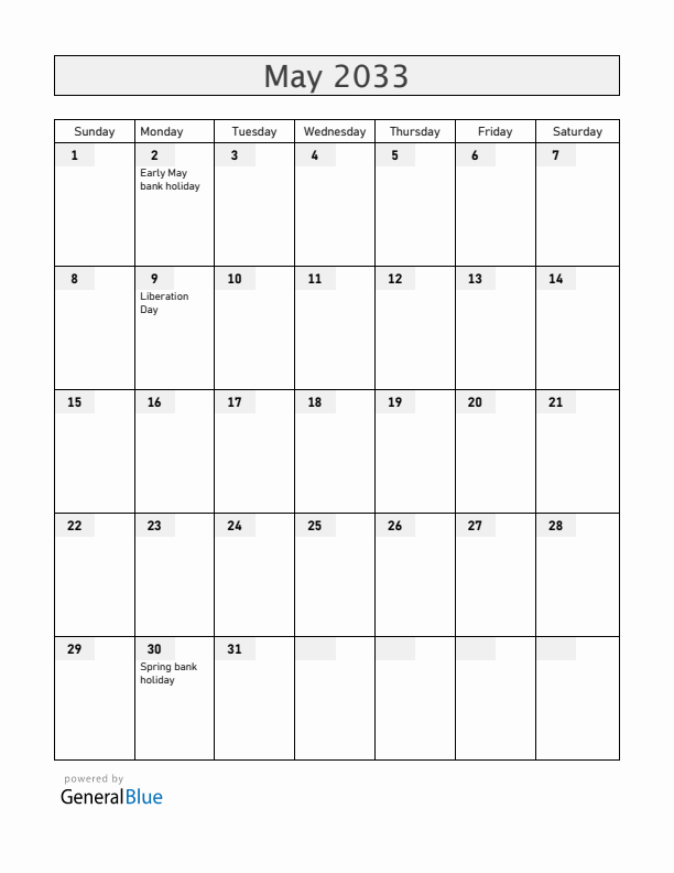 Guernsey May 2033 Calendar with Holidays