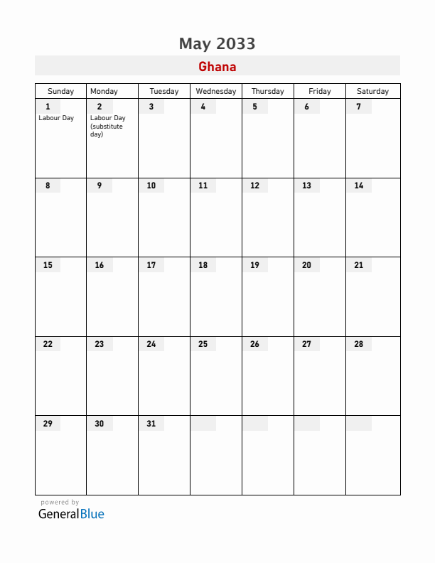 Ghana May 2033 Calendar with Holidays
