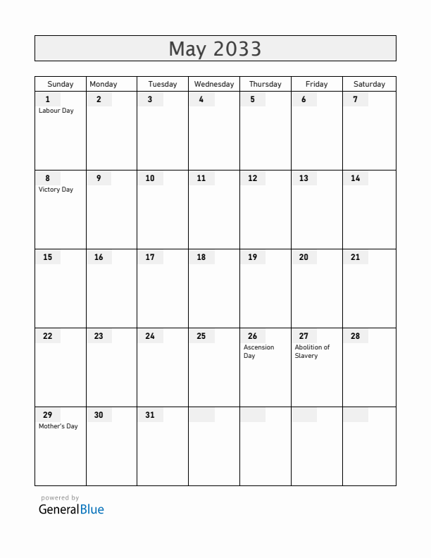 Guadeloupe May 2033 Calendar with Holidays