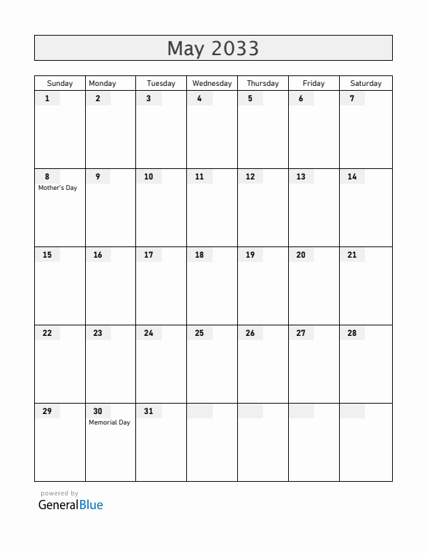 Guam May 2033 Calendar with Holidays