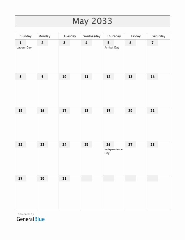 Guyana May 2033 Calendar with Holidays