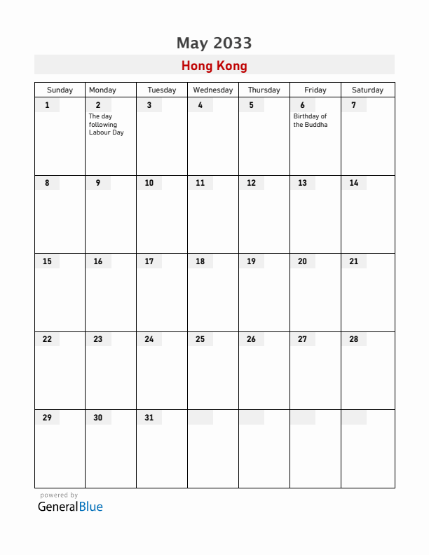 Hong Kong May 2033 Calendar with Holidays