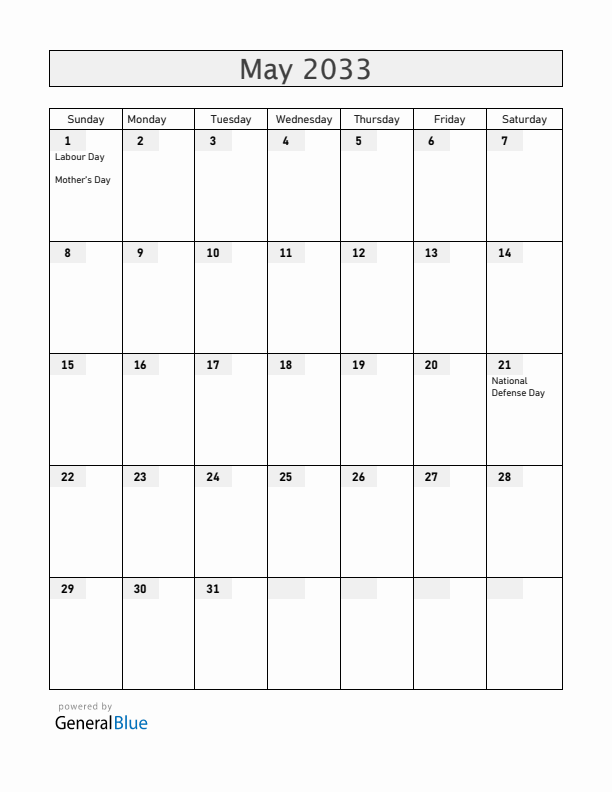 Hungary May 2033 Calendar with Holidays