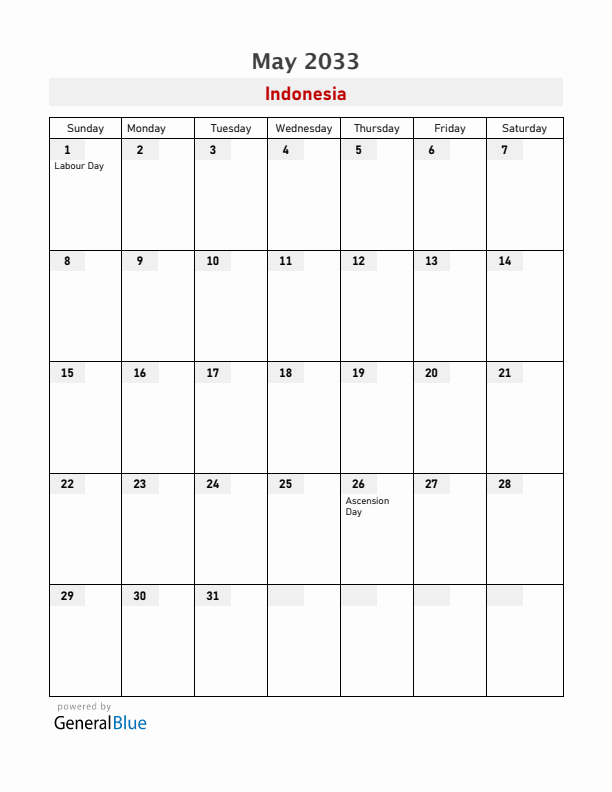 Indonesia May 2033 Calendar with Holidays