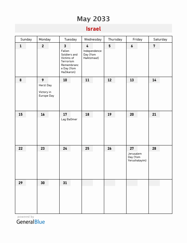 Israel May 2033 Calendar with Holidays
