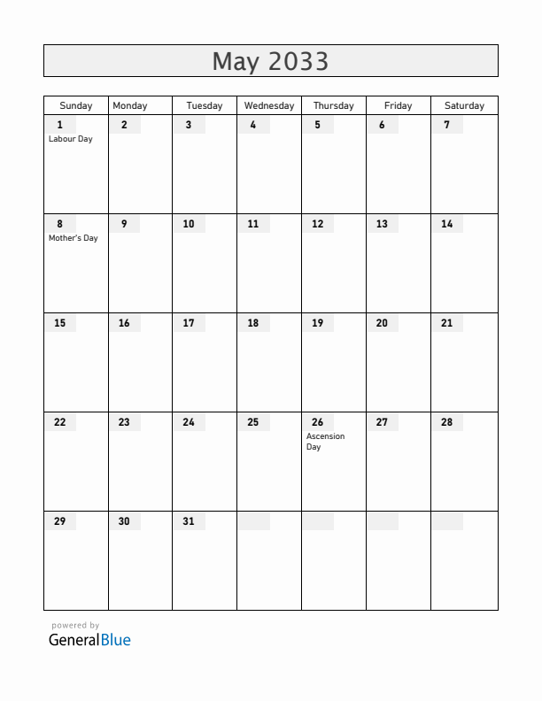 Iceland May 2033 Calendar with Holidays