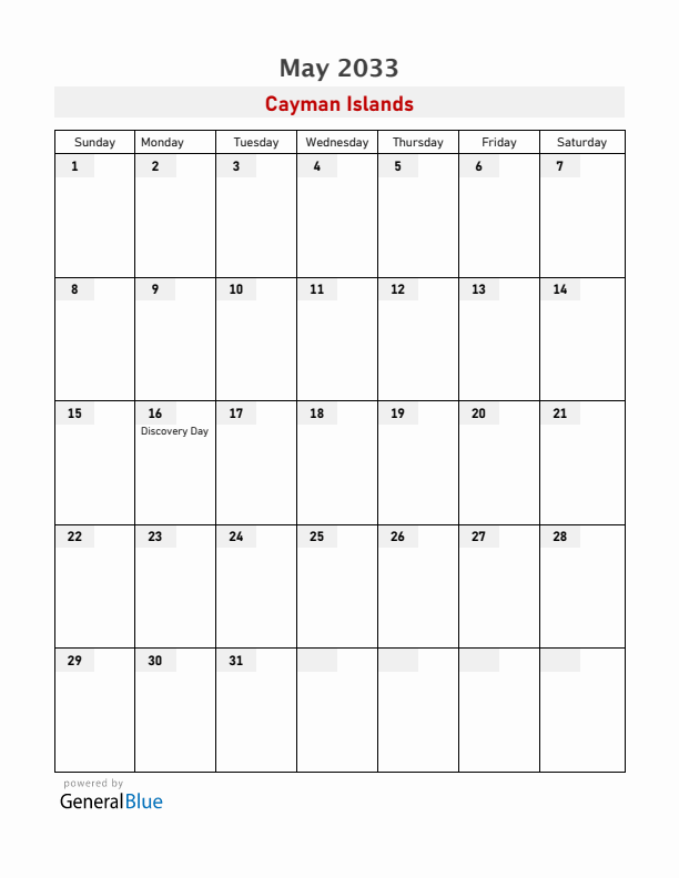 Cayman Islands May 2033 Calendar with Holidays