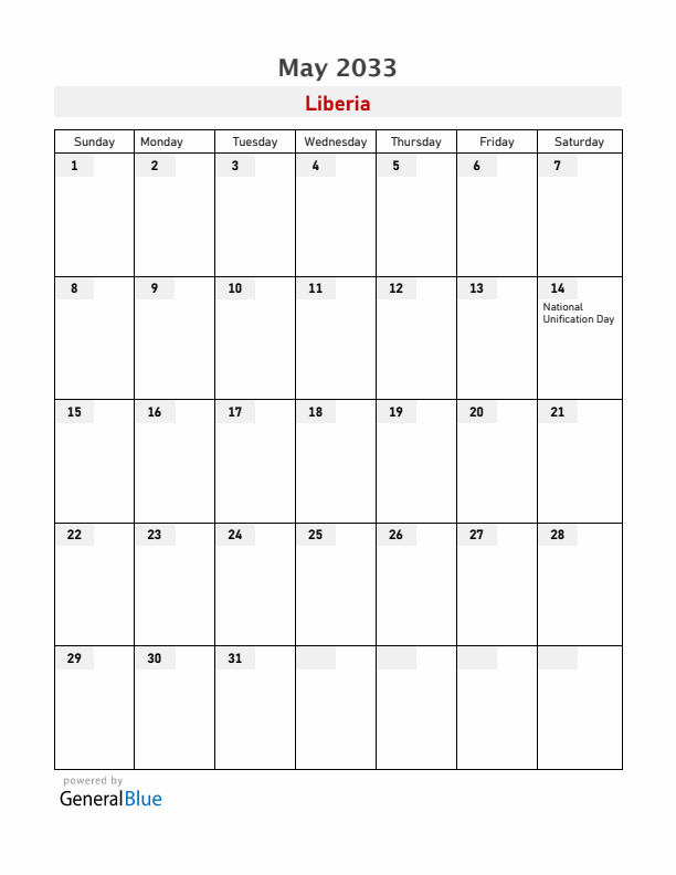 Liberia May 2033 Calendar with Holidays