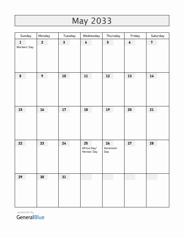 Lesotho May 2033 Calendar with Holidays