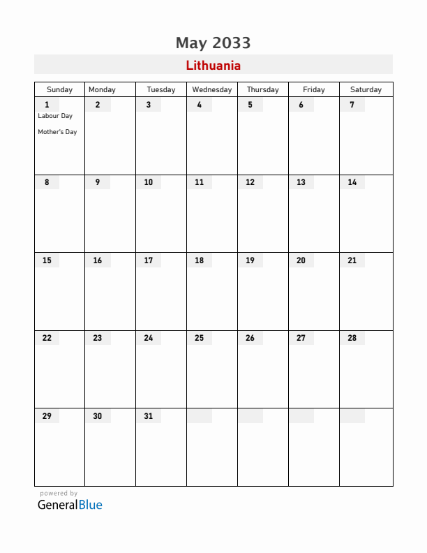 Lithuania May 2033 Calendar with Holidays