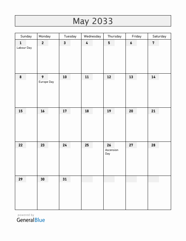 Luxembourg May 2033 Calendar with Holidays