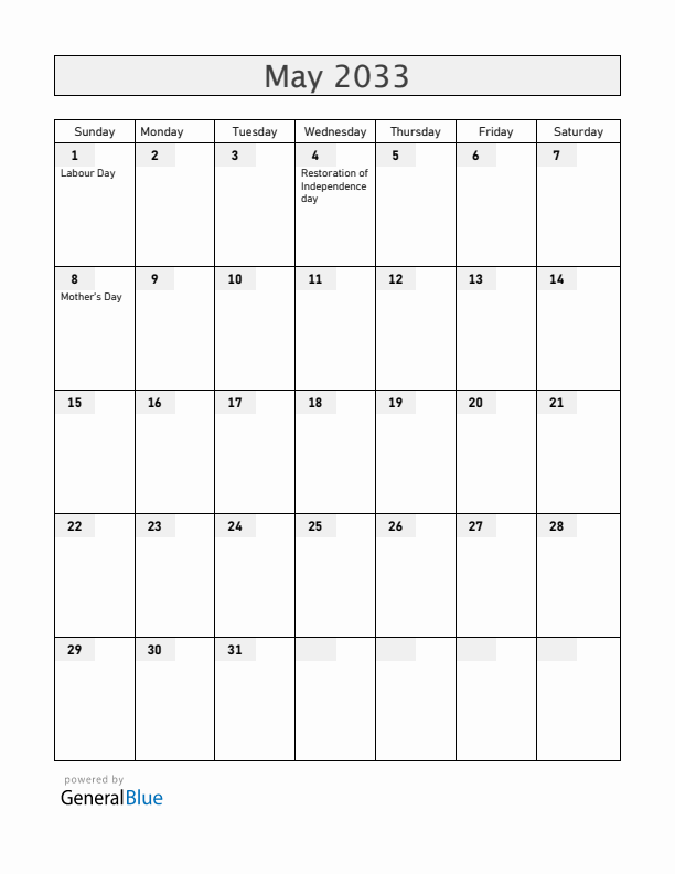 Latvia May 2033 Calendar with Holidays