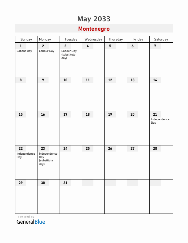 Montenegro May 2033 Calendar with Holidays