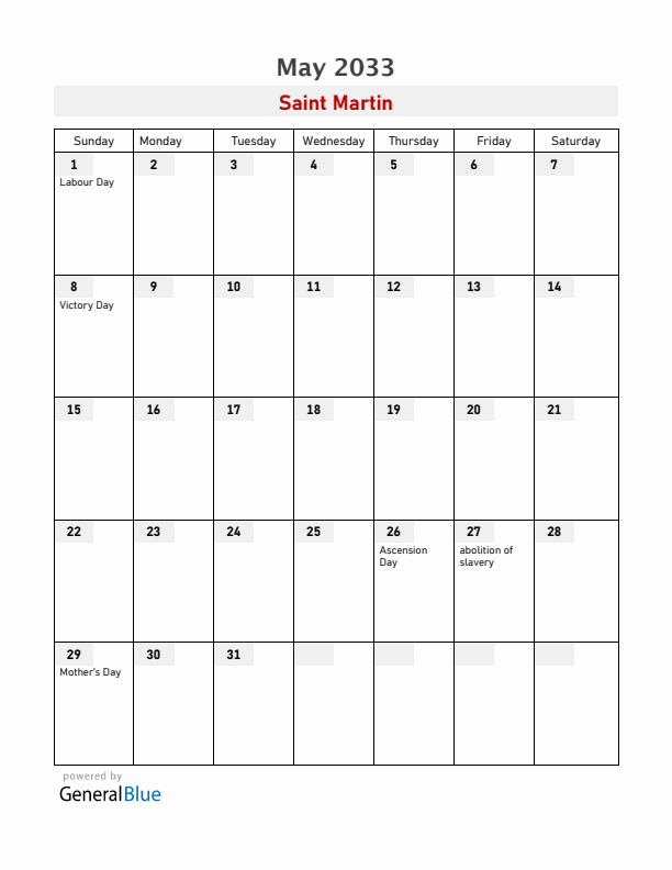 Saint Martin May 2033 Calendar with Holidays