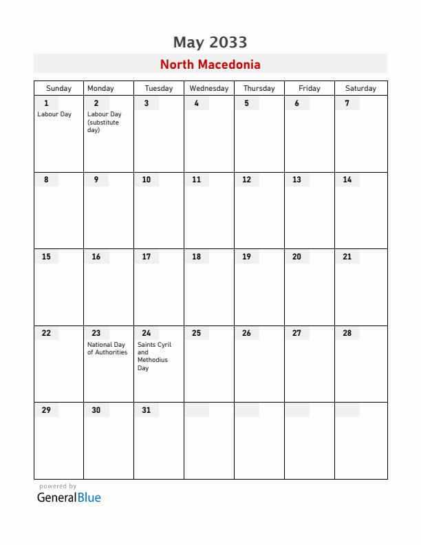 North Macedonia May 2033 Calendar with Holidays