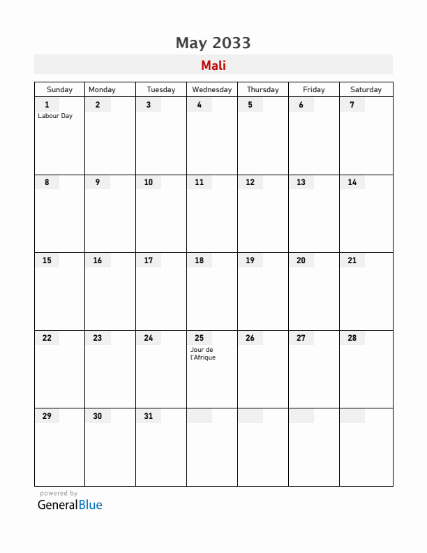 Mali May 2033 Calendar with Holidays