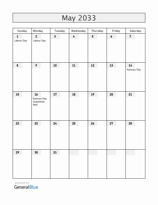Malawi May 2033 Calendar with Holidays