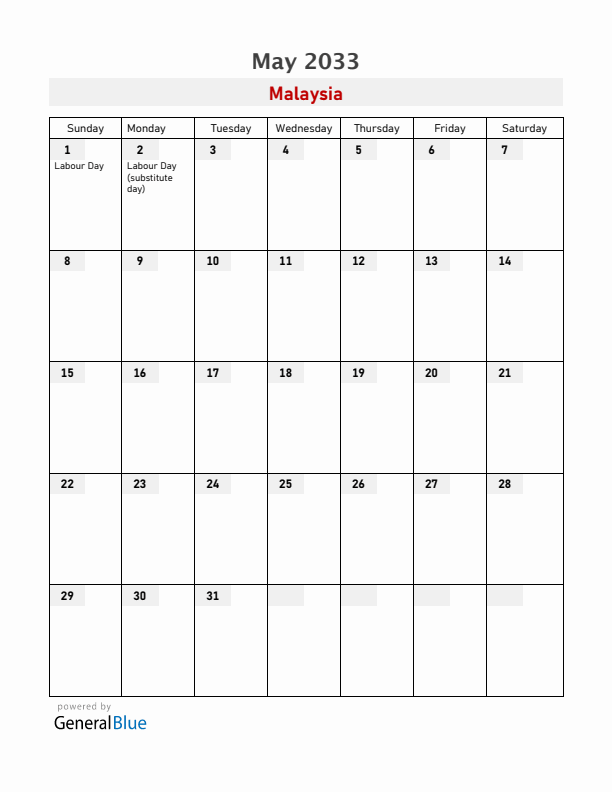 Malaysia May 2033 Calendar with Holidays