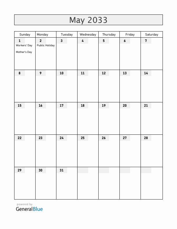 Mozambique May 2033 Calendar with Holidays
