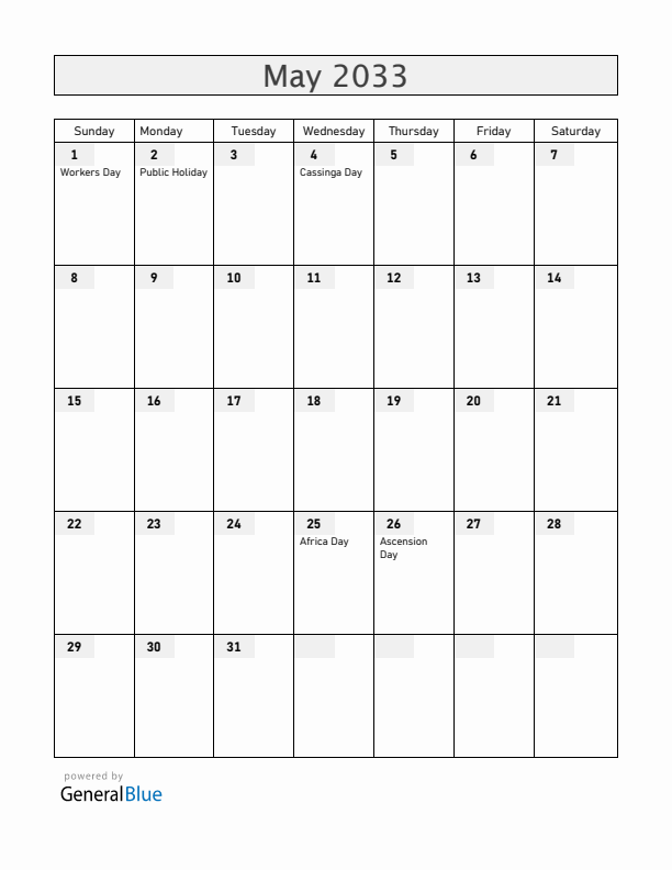 Namibia May 2033 Calendar with Holidays