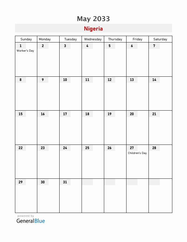 Nigeria May 2033 Calendar with Holidays