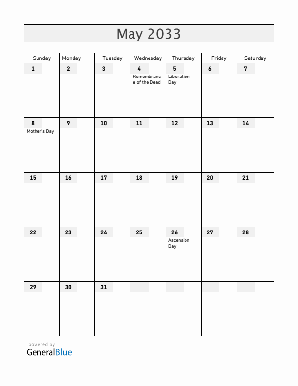 The Netherlands May 2033 Calendar with Holidays