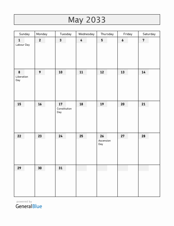Norway May 2033 Calendar with Holidays