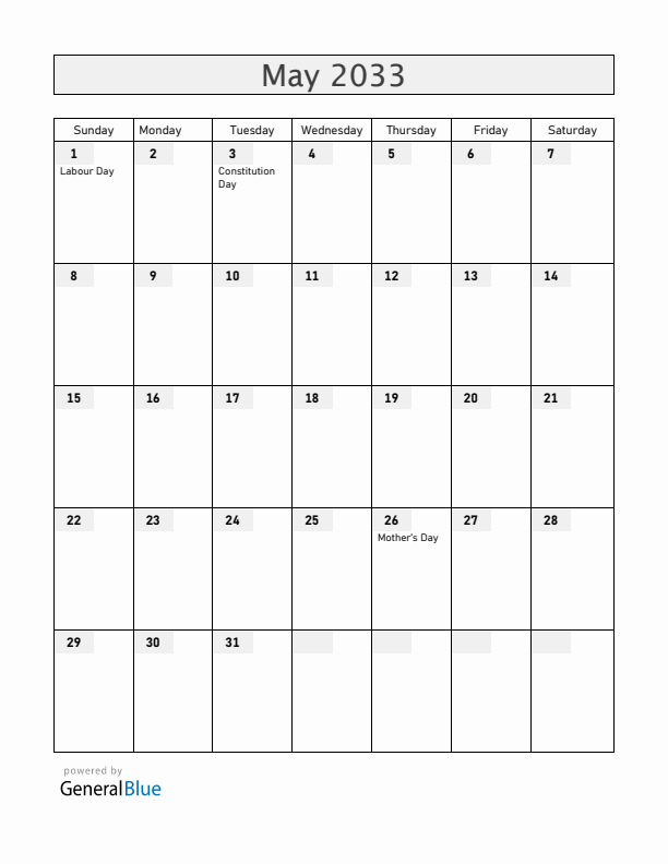 Poland May 2033 Calendar with Holidays