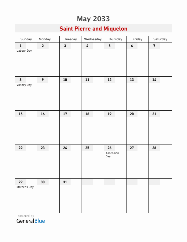 Saint Pierre and Miquelon May 2033 Calendar with Holidays