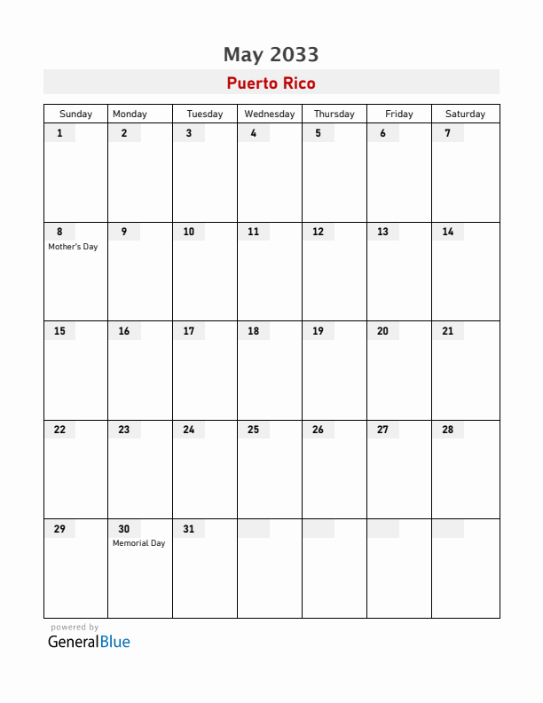 Puerto Rico May 2033 Calendar with Holidays