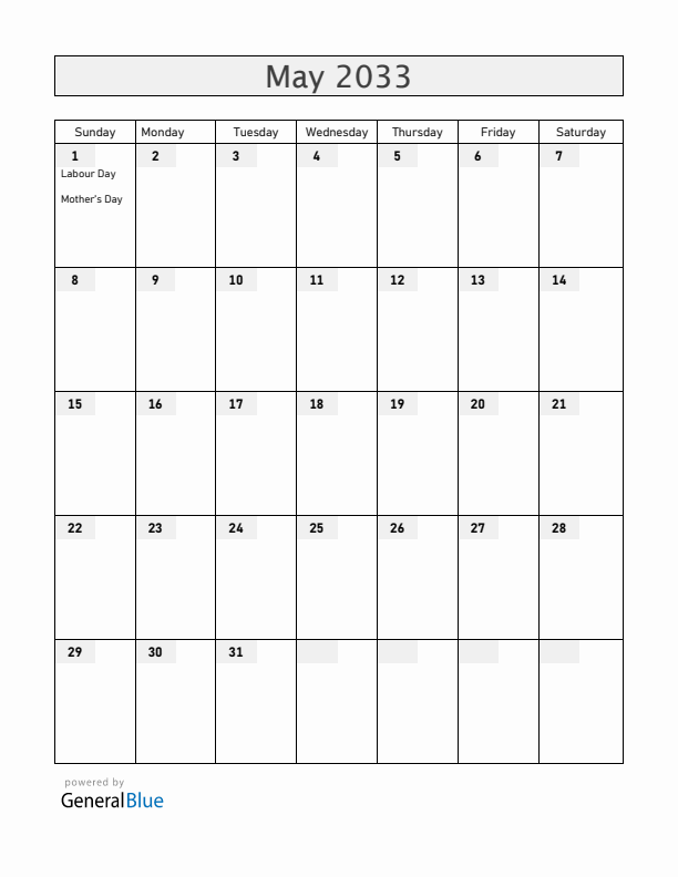 Portugal May 2033 Calendar with Holidays