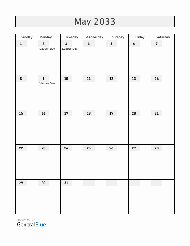Serbia May 2033 Calendar with Holidays