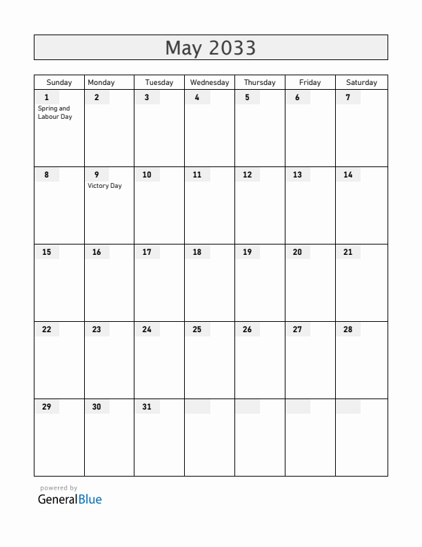 Russia May 2033 Calendar with Holidays