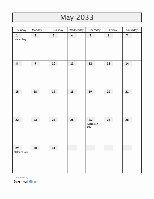 Sweden May 2033 Calendar with Holidays