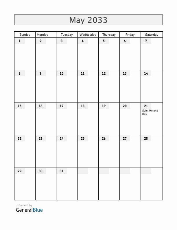 Saint Helena May 2033 Calendar with Holidays