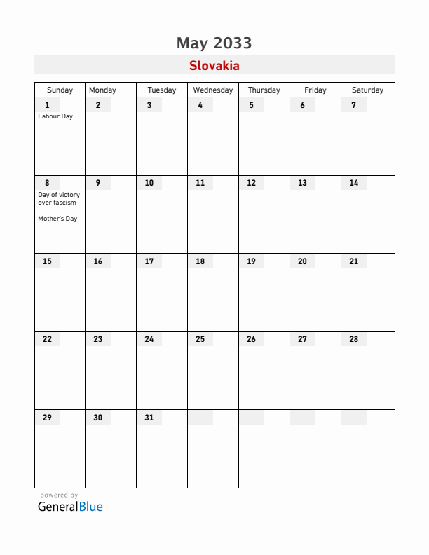 Slovakia May 2033 Calendar with Holidays
