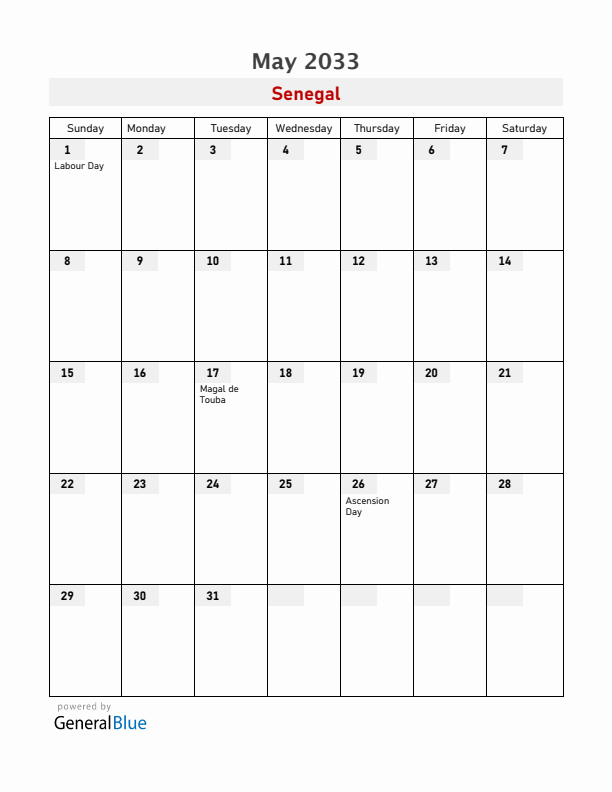 Senegal May 2033 Calendar with Holidays