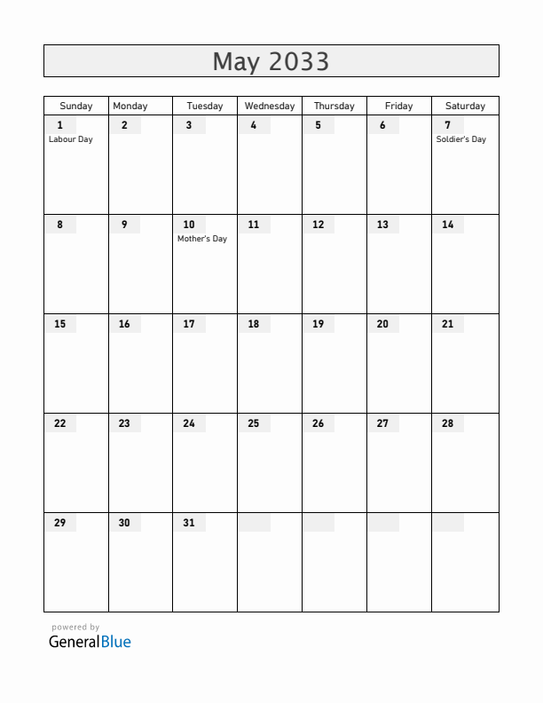 El Salvador May 2033 Calendar with Holidays