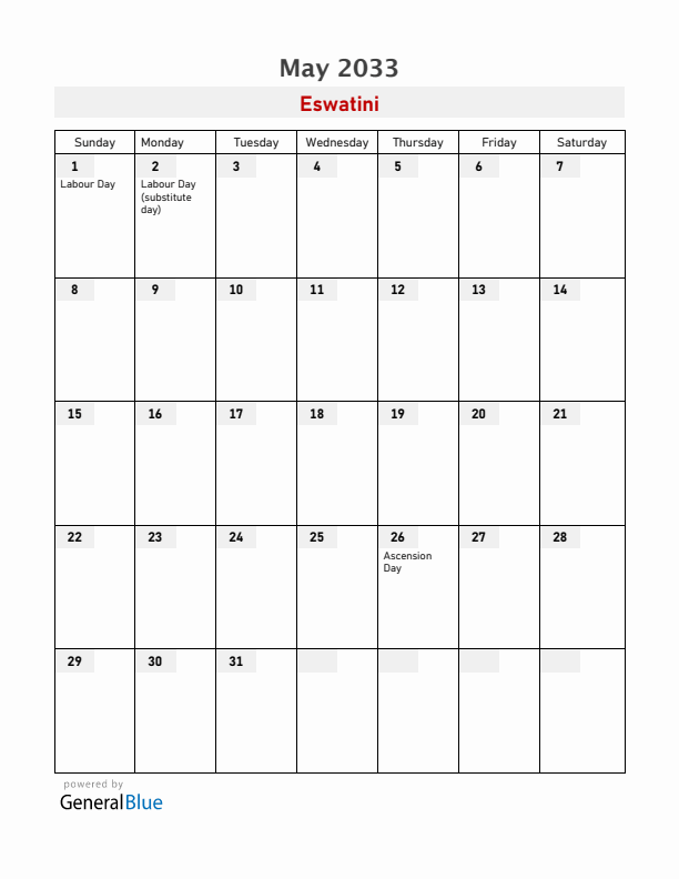 Eswatini May 2033 Calendar with Holidays