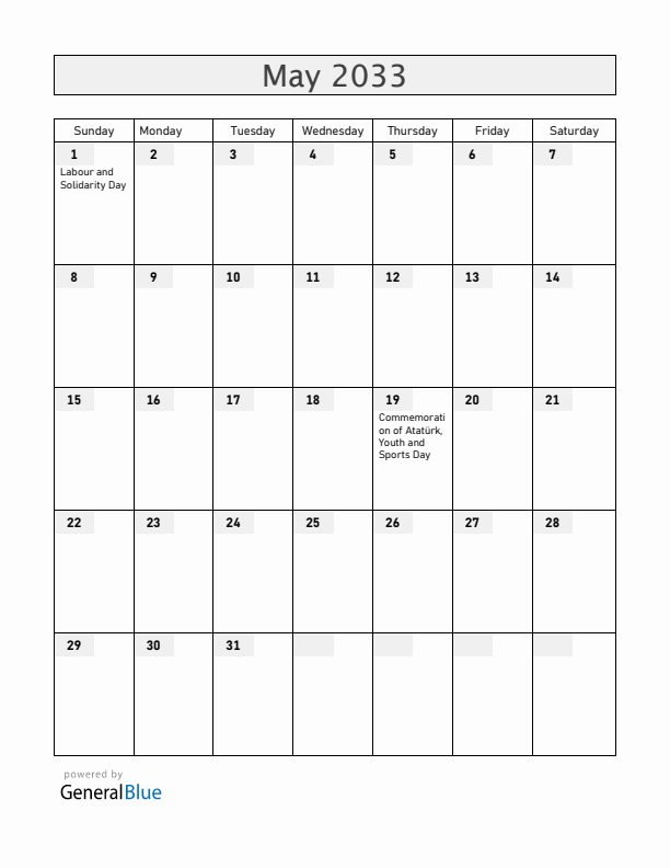 Turkey May 2033 Calendar with Holidays